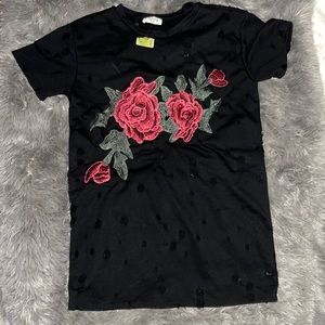 Black top with flowers. Distressed